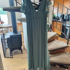 Birdy Grey Green Maxi Sundress with V-Neck and Flutter Sleeves